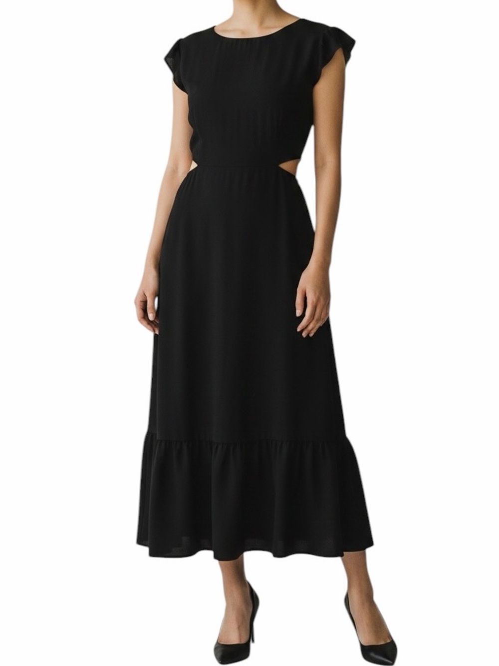JASON WU Cut Out Open Back MIDI Dress BLACK Linen Blend Flutter Sleeves Size M